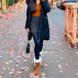 Guess Black Coat with Orange Sweater and Plaid Skirt